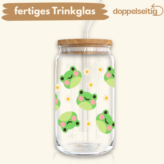 [ Doppelseitig ] 500 ml Trinkglas mit Deckel und Strohhalm | Frosch