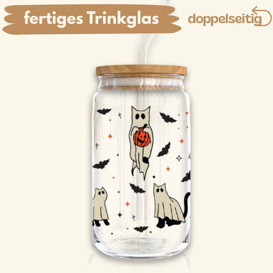 [ Doppelseitig ] 500 ml Trinkglas mit Deckel und Strohhalm | Halloween Katze