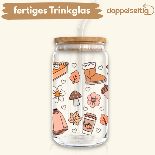 [ Doppelseitig ] 500 ml Trinkglas mit Deckel und Strohhalm | Pastell Herbst