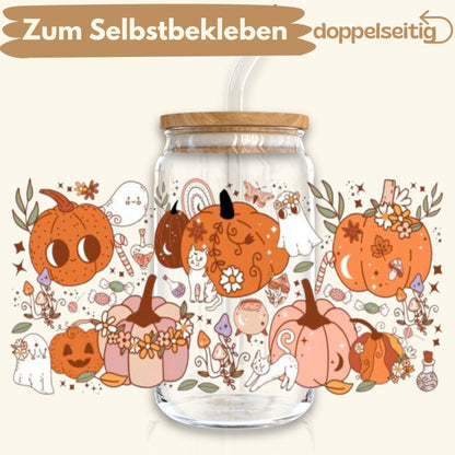 [ Doppelseitig ] 500 ml Trinkglasaufkleber | Kürbis Katze