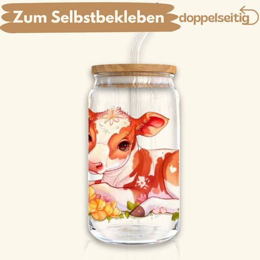 [ Doppelseitig ] 500 ml Trinkglas mit Deckel und Strohhalm | Kuh Baby