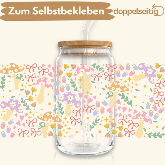 [ Doppelseitig ] 500 ml Trinkglasaufkleber | Pastell Pilze