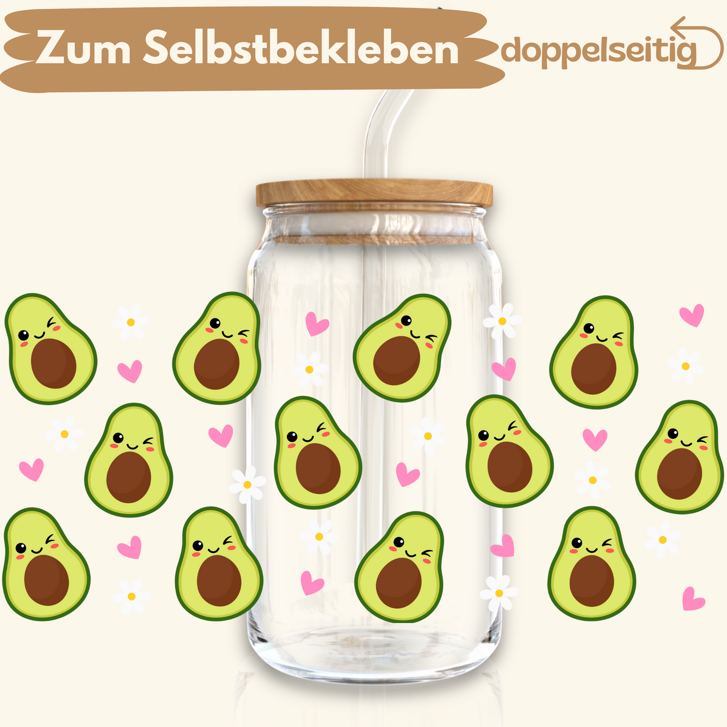 [ Doppelseitig ] 500 ml Trinkglasaufkleber | Avocado