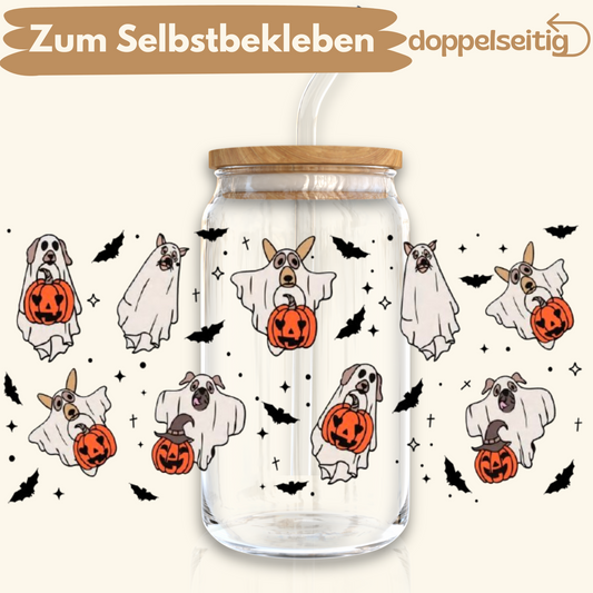 [ Doppelseitig ] 500 ml Trinkglasaufkleber | Halloween Hunde
