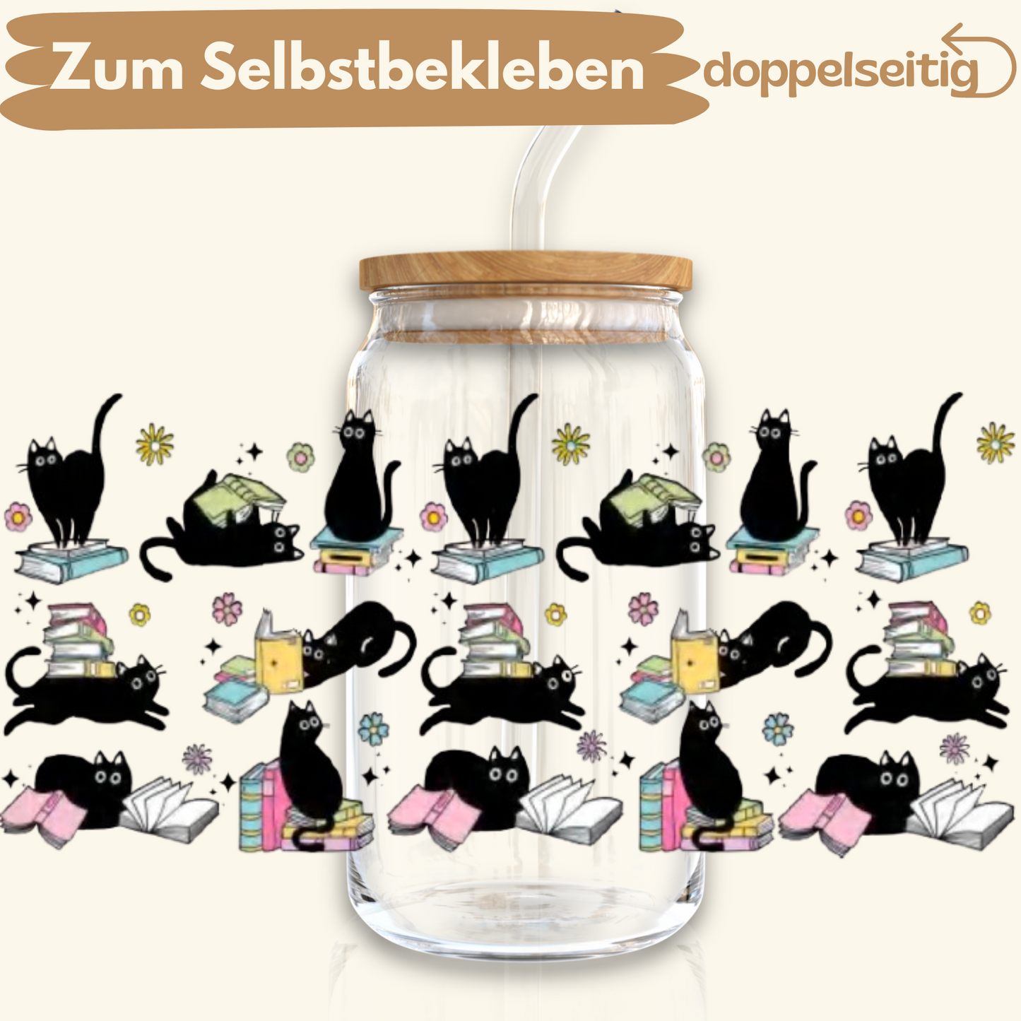 [ Doppelseitig ] 500 ml Trinkglasaufkleber | Buch Katze