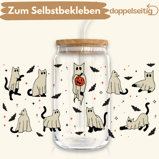 [ Doppelseitig ] 500 ml Trinkglasaufkleber | Halloween Katzen
