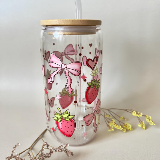[ Doppelseitig ] 500 ml Trinkglas mit Deckel und Strohhalm | Erdbeer Schleife