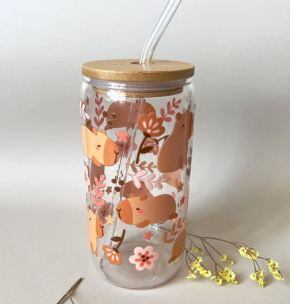 [ Doppelseitig ] 500 ml Trinkglas mit Deckel und Strohhalm | Capybara