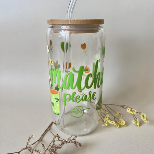 [ Doppelseitig ] 500 ml Trinkglas mit Deckel und Strohhalm | Matcha