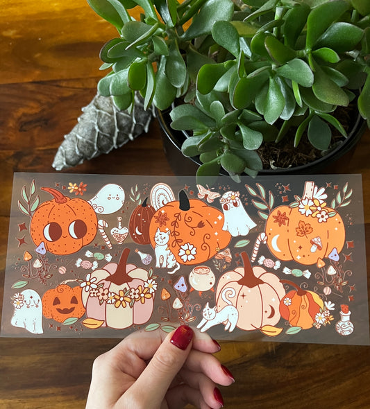 [ Doppelseitig ] 500 ml Trinkglasaufkleber | Kürbis Katze