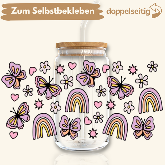 [ Doppelseitig ] 500 ml Trinkglasaufkleber | Schmetterling Regenbogen