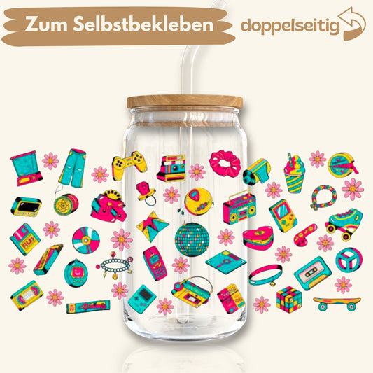 [ Doppelseitig ] 500 ml Trinkglasaufkleber | Retro 90er