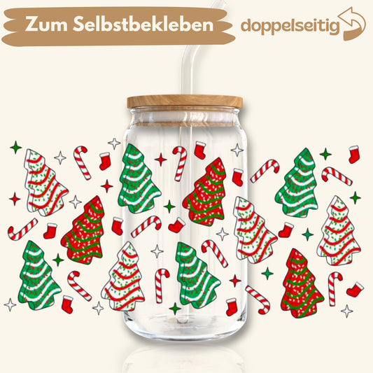 [ Doppelseitig ] 500 ml Trinkglasaufkleber | Tannenbaum Kekse