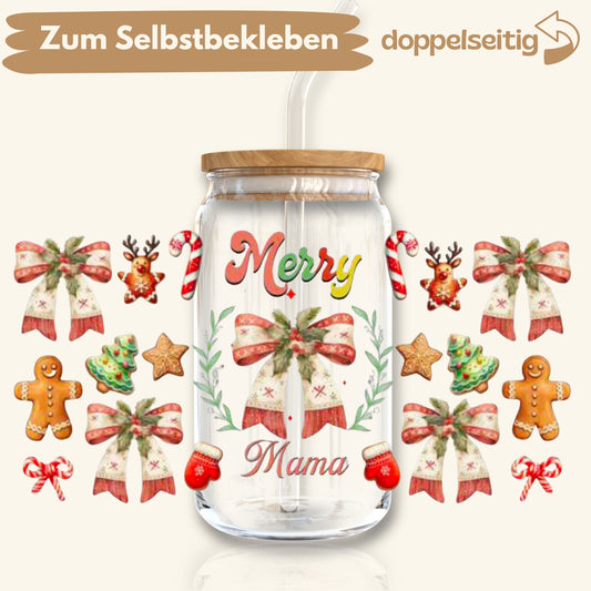 [ Doppelseitig ] 500 ml Trinkglasaufkleber | X-Mas Mama