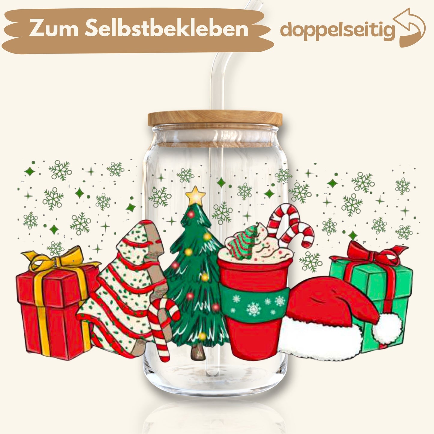 [ Doppelseitig ] 500 ml Trinkglasaufkleber | Heilig Abend