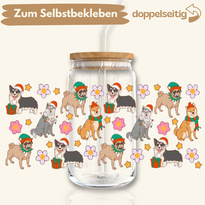 [ Doppelseitig ] 500 ml Trinkglasaufkleber | Weihnachtshunde