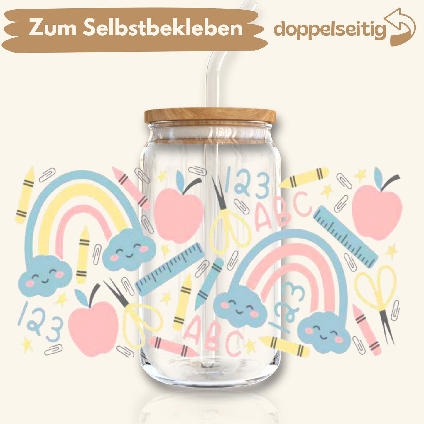 [ Doppelseitig ] 500 ml Trinkglasaufkleber | Schule