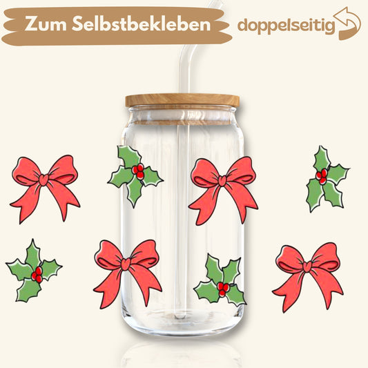 [ Doppelseitig ] 500 ml Trinkglasaufkleber | X-Mas Schleifen