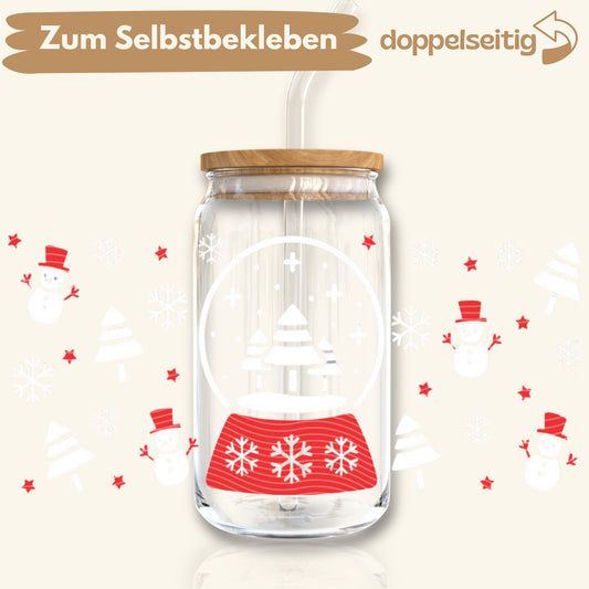 [ Doppelseitig ] 500 ml Trinkglasaufkleber | Schneekugel