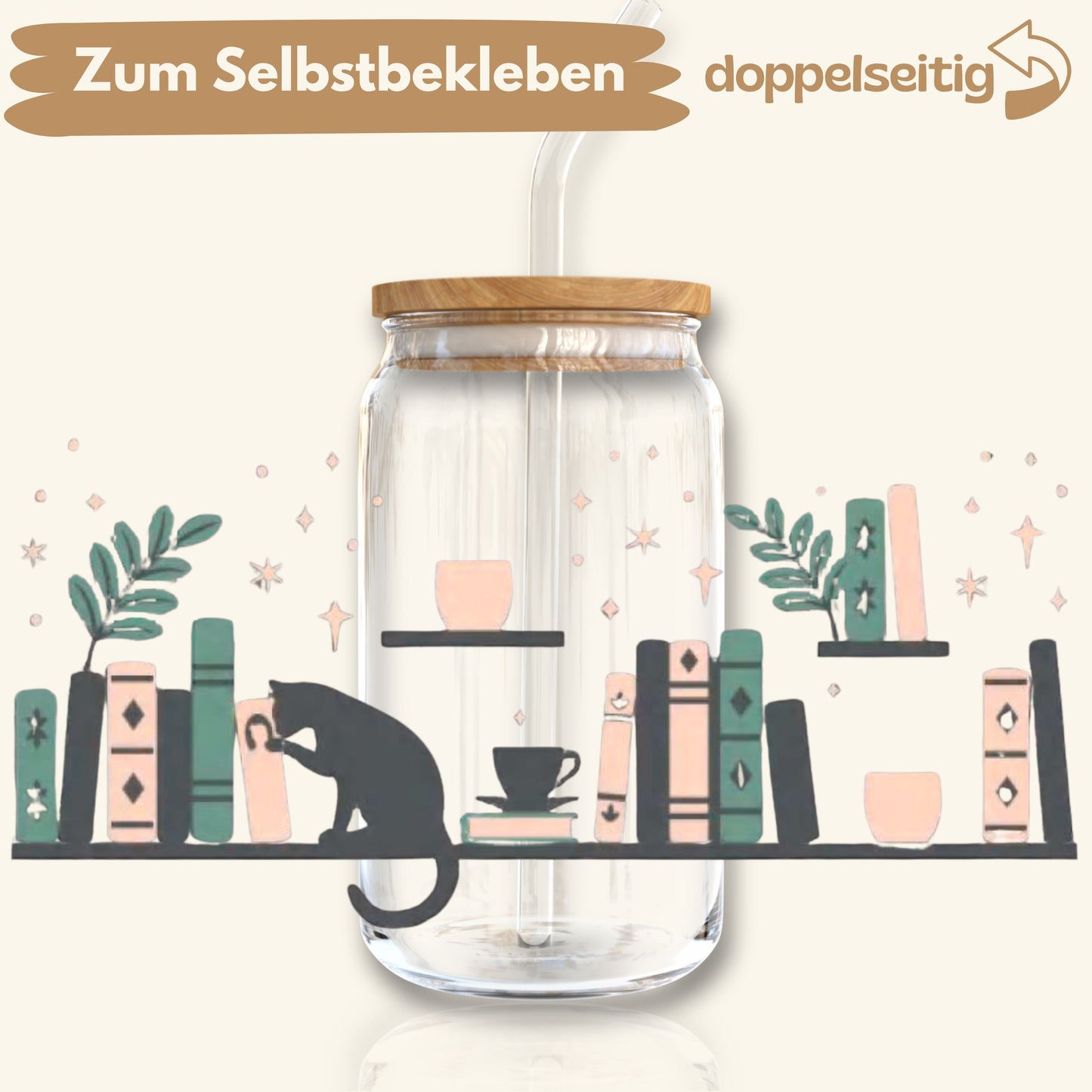 [ Doppelseitig ] 500 ml Trinkglasaufkleber | Katze Regal