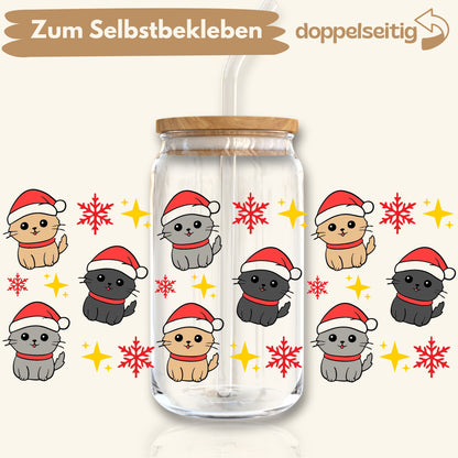 [ Doppelseitig ] 500 ml Trinkglasaufkleber | Weihnachtskatzen