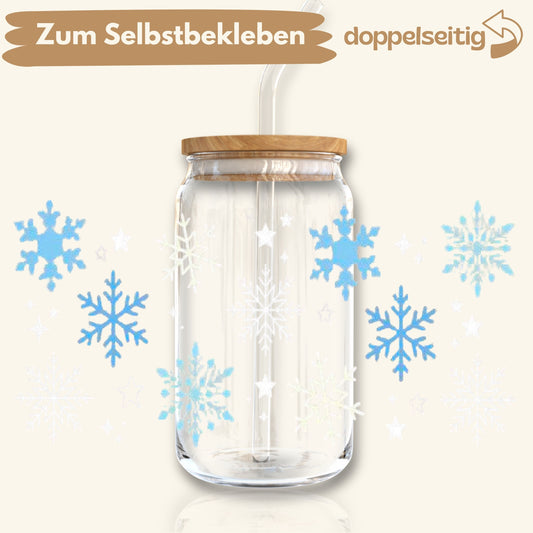 [ Doppelseitig ] 500 ml Trinkglasaufkleber | Schneeflocken