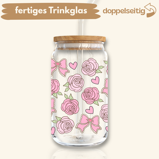 [ Doppelseitig ] 500 ml Trinkglas mit Deckel und Strohhalm | Rosen