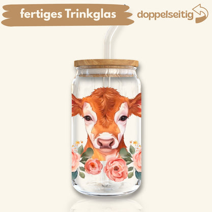 [ Doppelseitig ] 500 ml Trinkglas mit Deckel und Strohhalm | Große Kuh