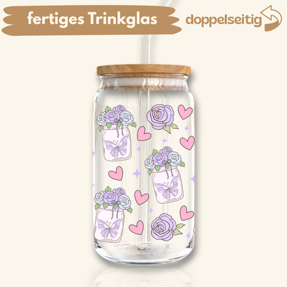 [ Doppelseitig ] 500 ml Trinkglas mit Deckel und Strohhalm | Schmetterlinge