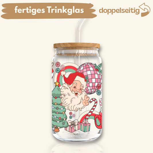 [ Doppelseitig ] 500 ml Trinkglas mit Deckel und Strohhalm | Disco Santa