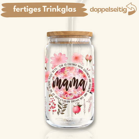 [ Doppelseitig ] 500 ml Trinkglas mit Deckel und Strohhalm | Mama