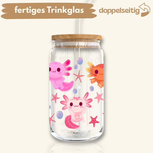 [ Doppelseitig ] 500 ml Trinkglas mit Deckel und Strohhalm | Axolotl