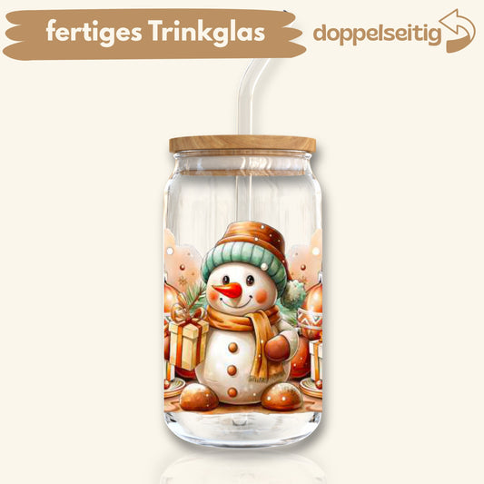 [ Doppelseitig ] 500 ml Trinkglas mit Deckel und Strohhalm | Schneemann