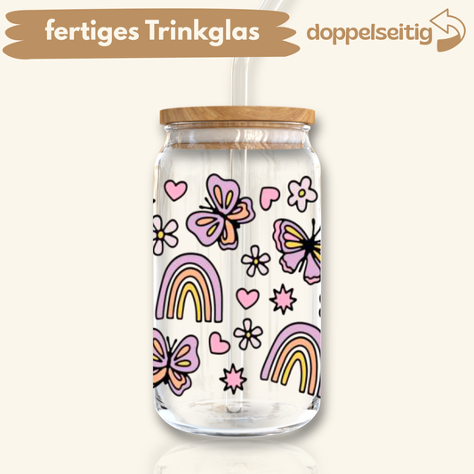 [ Doppelseitig ] 500 ml Trinkglas mit Deckel und Strohhalm | Schmetterlinge Regenbogen