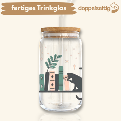 [ Doppelseitig ] 500 ml Trinkglas mit Deckel und Strohhalm | Katze Regal