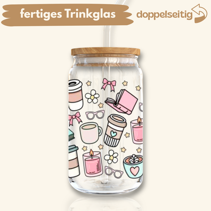 [ Doppelseitig ] 500 ml Trinkglas mit Deckel und Strohhalm | coffee and books