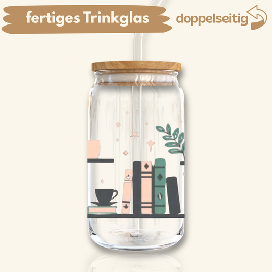 [ Doppelseitig ] 500 ml Trinkglas mit Deckel und Strohhalm | Katze Regal