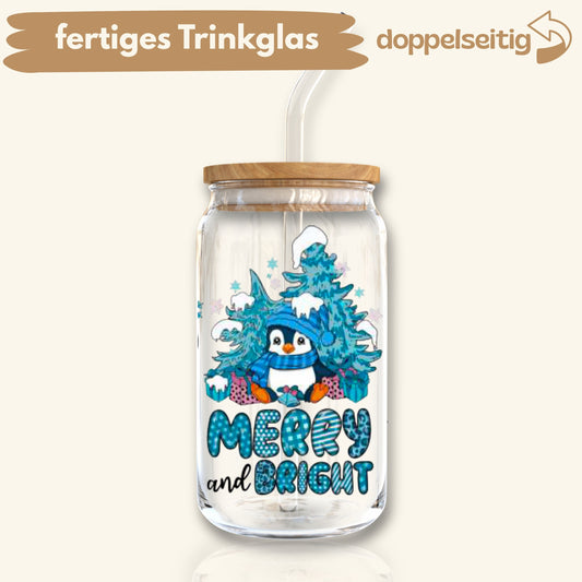 [ Doppelseitig ] 500 ml Trinkglas mit Deckel und Strohhalm | Pinguin