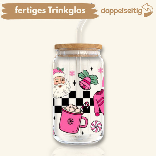 [ Doppelseitig ] 500 ml Trinkglas mit Deckel und Strohhalm | Pink Santa
