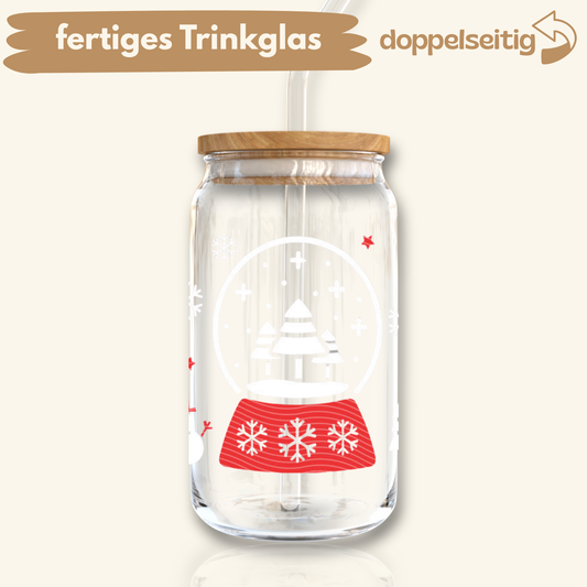 [ Doppelseitig ] 500 ml Trinkglas mit Deckel und Strohhalm | Schneekugel