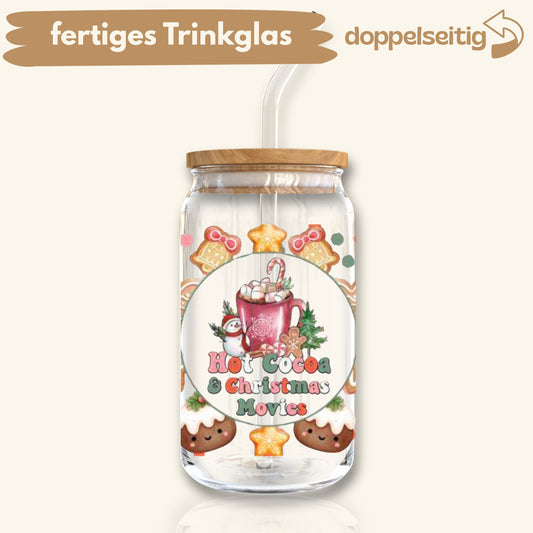 [ Doppelseitig ] 500 ml Trinkglas mit Deckel und Strohhalm | Hot Cocoa