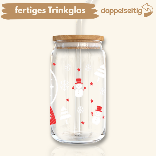 [ Doppelseitig ] 500 ml Trinkglas mit Deckel und Strohhalm | Schneekugel