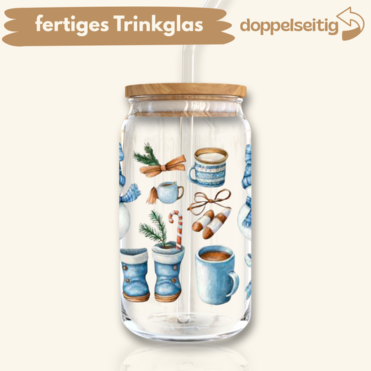 [ Doppelseitig ] 500 ml Trinkglas mit Deckel und Strohhalm | Winter