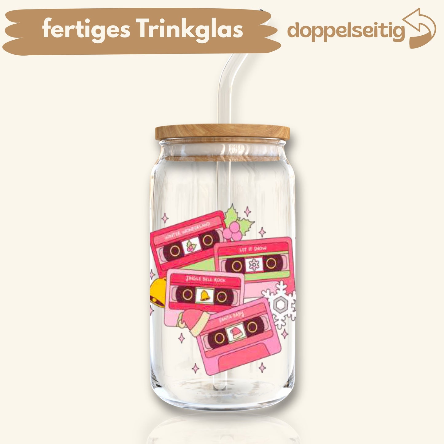 [ Doppelseitig ] 500 ml Trinkglas mit Deckel und Strohhalm | pinke Kassetten