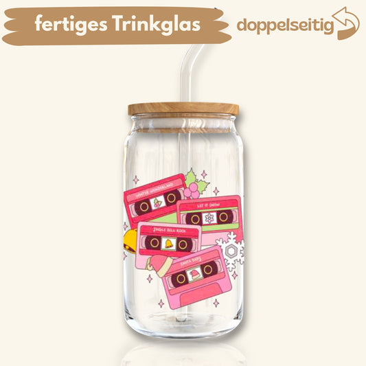 [ Doppelseitig ] 500 ml Trinkglas mit Deckel und Strohhalm | pinke Kassetten