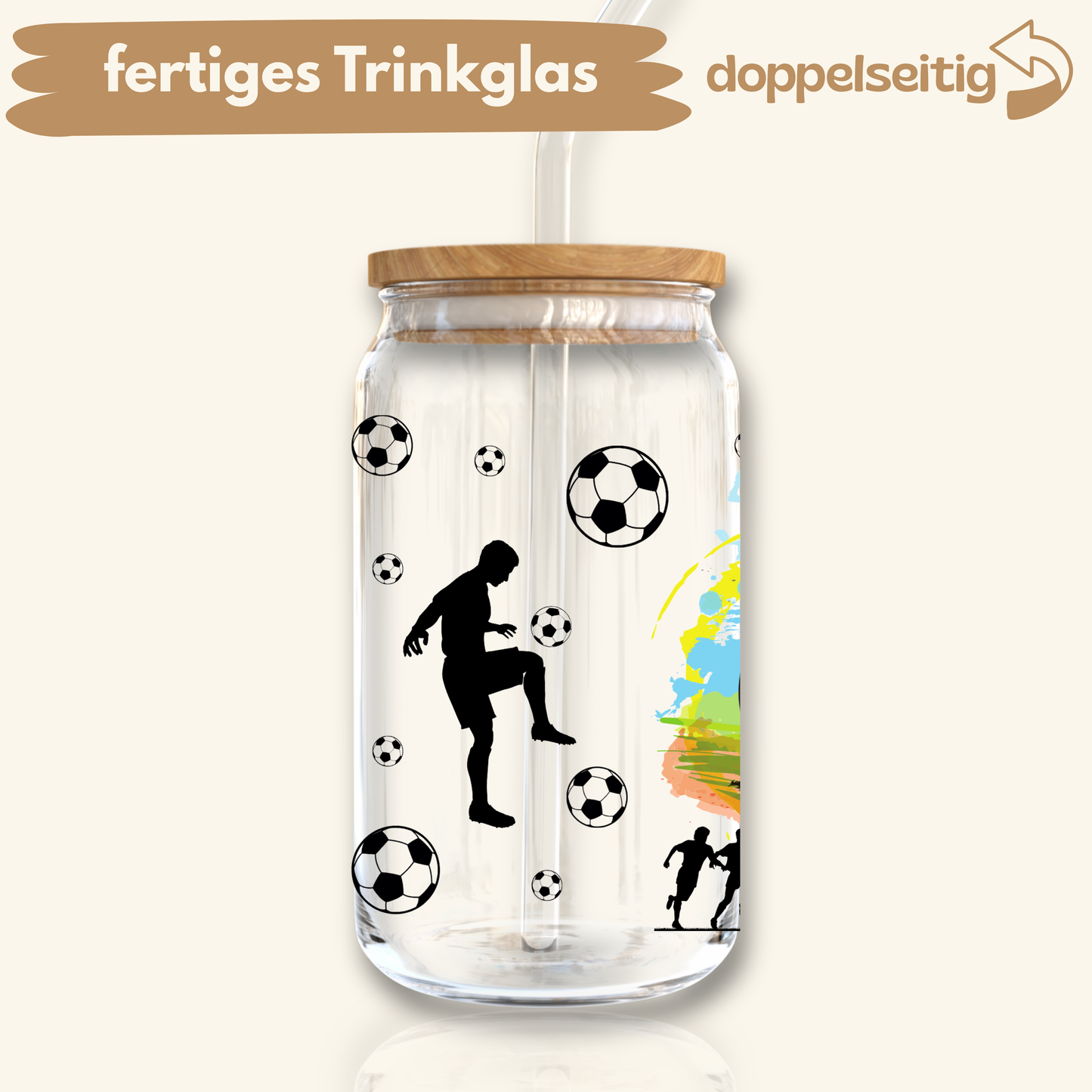 [ Doppelseitig ] 500 ml Trinkglas mit Deckel und Strohhalm | Fußball