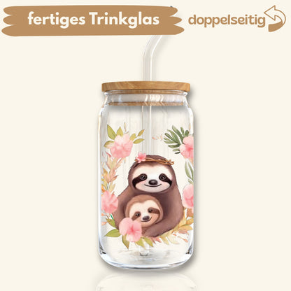 [ Doppelseitig ] 500 ml Trinkglas mit Deckel und Strohhalm | Faultier