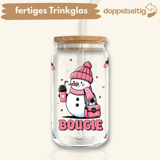 [ Doppelseitig ] 500 ml Trinkglas mit Deckel und Strohhalm | Bougie Schneemann