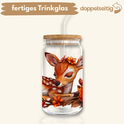 [ Doppelseitig ] 500 ml Trinkglas mit Deckel und Strohhalm | Reh