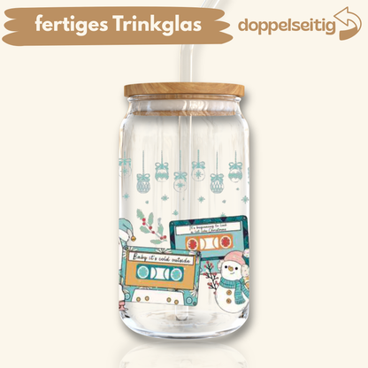 [ Doppelseitig ] 500 ml Trinkglas mit Deckel und Strohhalm | Kassetten